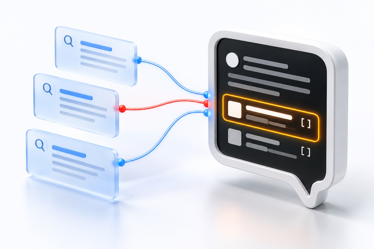 Blue search results connect to an AI answer, where an orange highlight makes one cited business stand out.